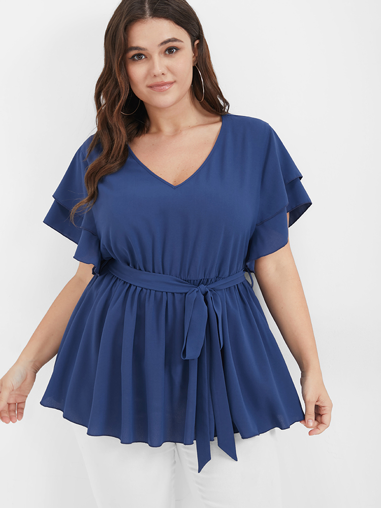 

Plus Size DarkBlue Solid Babydoll Flutter Tiered Belted V Neck Blouse Women Elegant Short sleeve V-neck Dailywear Blouses BloomChic