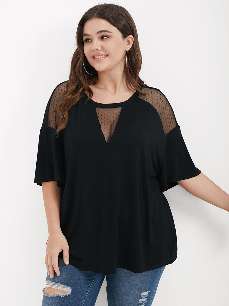 

Plus Size Solid Ruffles Lace Cut Out Modal T-shirt Black Round Neck Short sleeve Elegant Jersey Tops