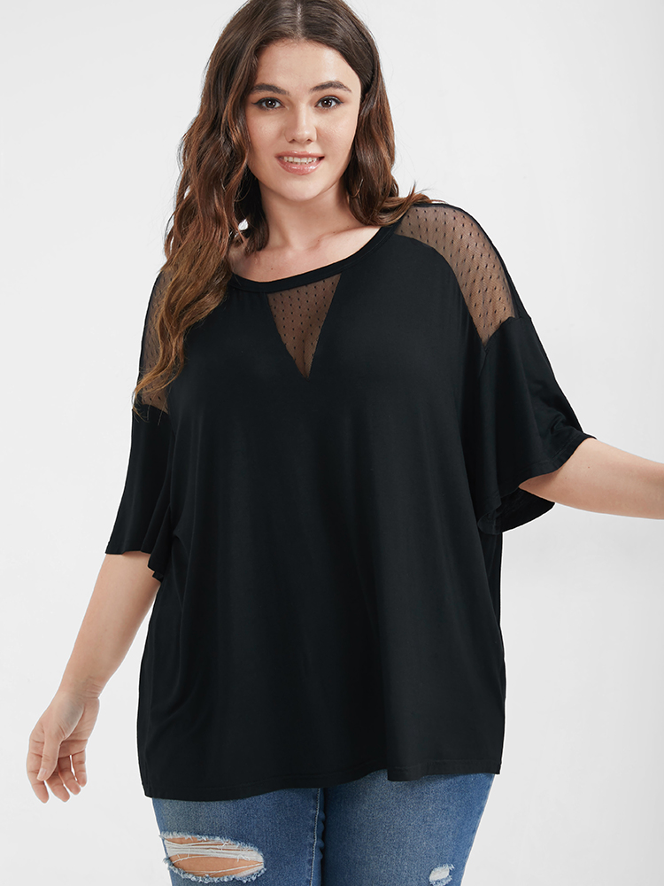 

Plus Size Solid Ruffles Lace Cut Out Modal T-shirt Black Round Neck Short sleeve Elegant Jersey Tops