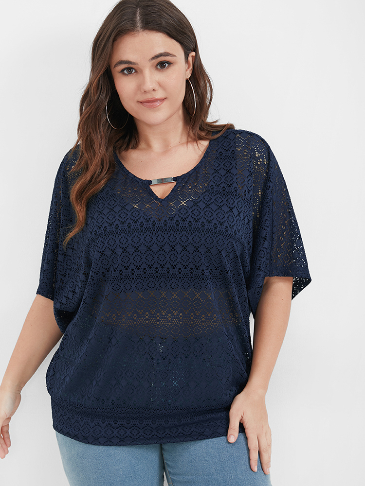 

Plus Size DarkBlue Solid Dolman Sleeve Crochet Lace Keyhole Blouse Women Elegant Half Sleeve Round Neck Dailywear Blouses BloomChic