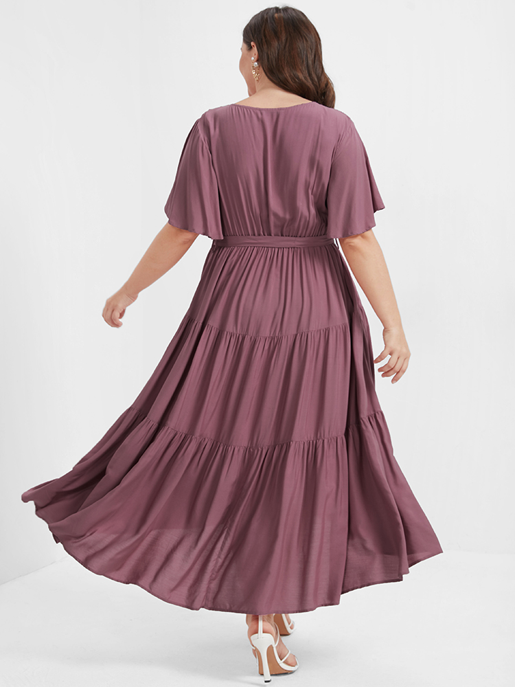 

Plus Size Solid Button Pocket Belted Ruffles Wrap Midi Dress DustyPink Women Elegant Cross straps V-neck Short sleeve Curvy Long Dress BloomChic