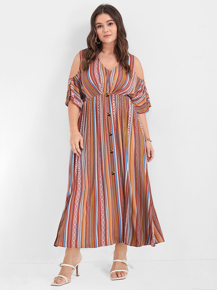 

Plus Size Bandana Ruffles Button Pocket Cold Shoulder Maxi Dress Multicolor Women Vacation Gathered Cold Shoulder Short sleeve Curvy Long Dress BloomChic