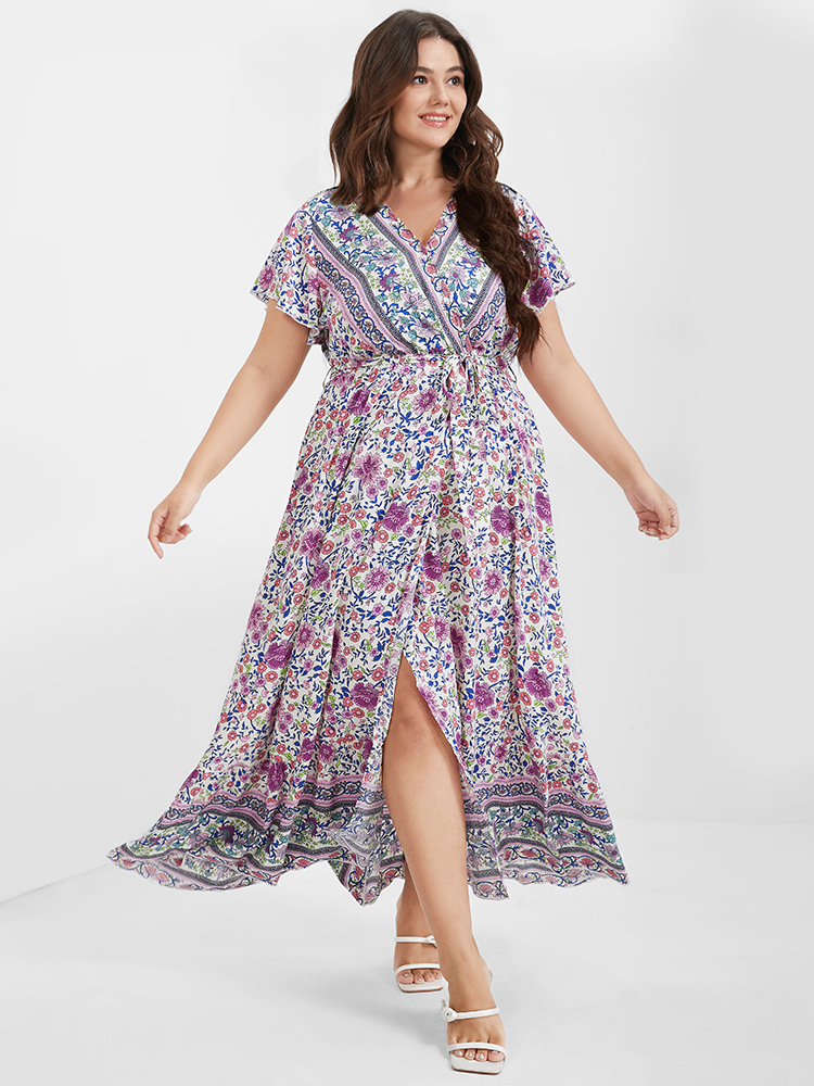 

Boho Elegant Flutter Plus Size Women Midi Dress Vacation Bohemian Print Ties Bodycon Ruffle Sleeve Short Sleeve V Neck Belt Dailywear Long Dress BloomChic, Plum