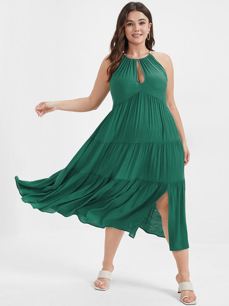 

Plus Size Solid Flutter Split Keyhole Ties Halter Neck Midi Dress Green Women Elegant Halter neck Curvy Midi Dress BloomChic