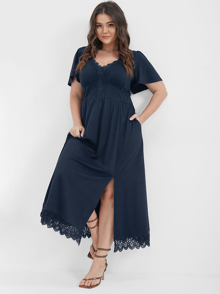 

Plus Size Solid Pocket Contrast Lace Split Maxi Dress Navy Women Elegant Patchwork V-neck Short sleeve Curvy Long Dress BloomChic