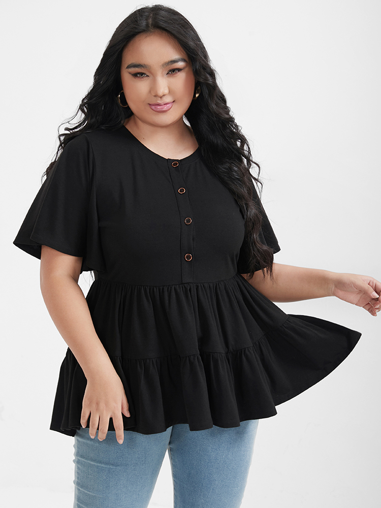 

Plus Size Solid Ruffles Button Round Neck T-shirt Black Round Neck Short sleeve Casual Jersey Tops