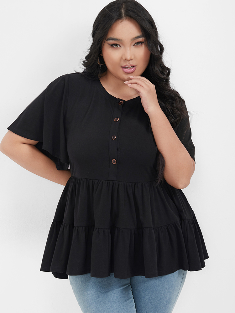 

Plus Size Solid Ruffles Button Round Neck T-shirt Black Round Neck Short sleeve Casual Jersey Tops