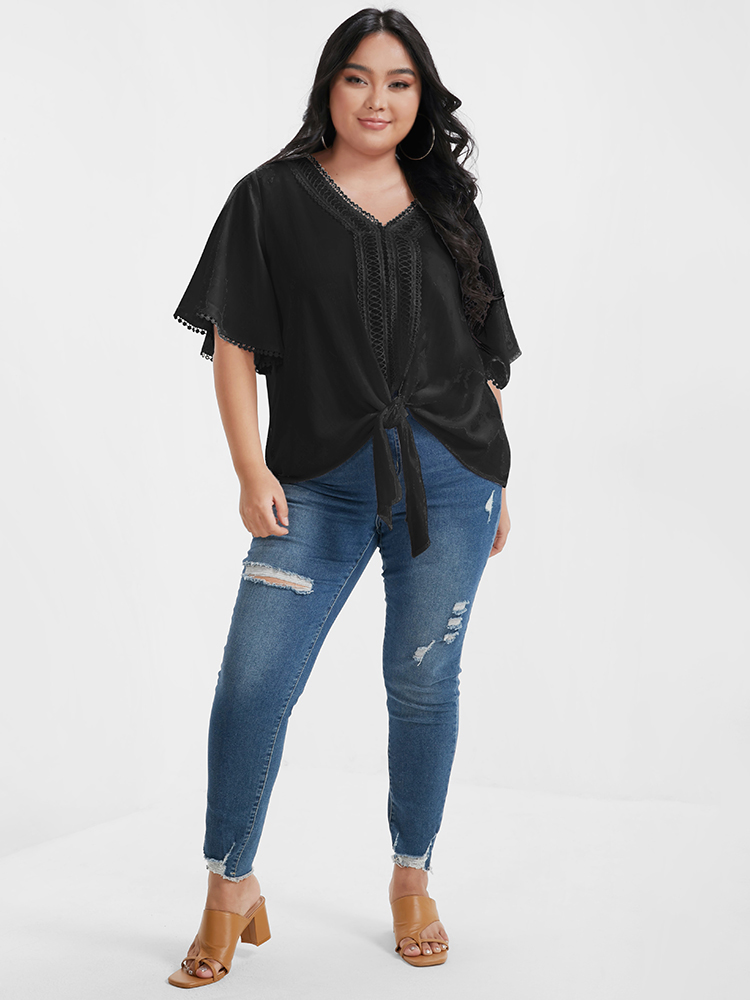 Plus Size Black Solid Ties Eyelet Lace Ruffled V Neck Blouse Women Elegant Short sleeve V-neck Dailywear Blouses BloomChic 26/4X 