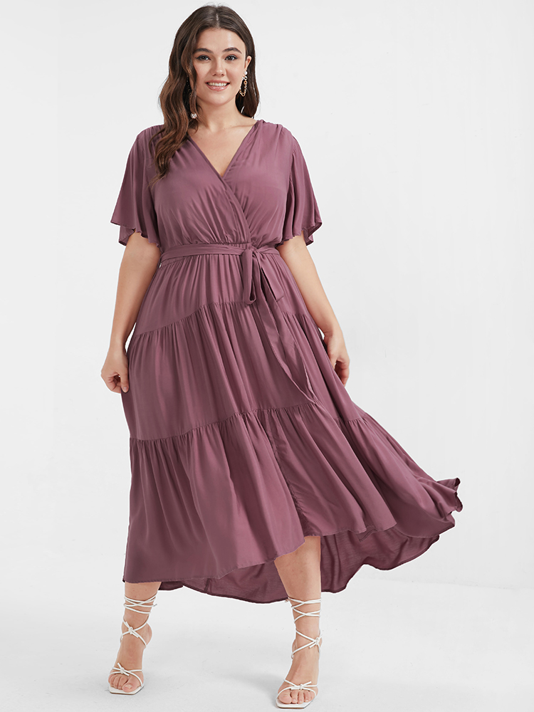 

Plus Size Solid Button Pocket Belted Ruffles Wrap Midi Dress DustyPink Women Elegant Cross straps V-neck Short sleeve Curvy Long Dress BloomChic