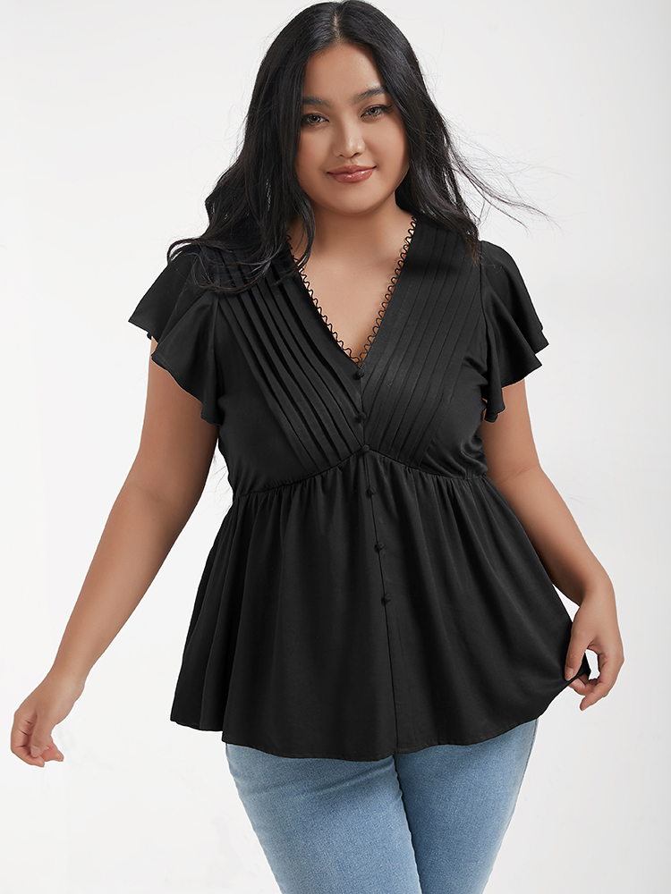 

Pleated Flutter Sleeve Plain Plus Size Women Dailywear Blouses Short Sleeve V Neck Elegance Blouses BloomChic, Black