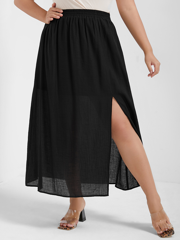 

Plus Size Plain Pleated Elastic Waist Split Skirt Women Black Casual Pleated Loose No stretch Dailywear Skirts BloomChic