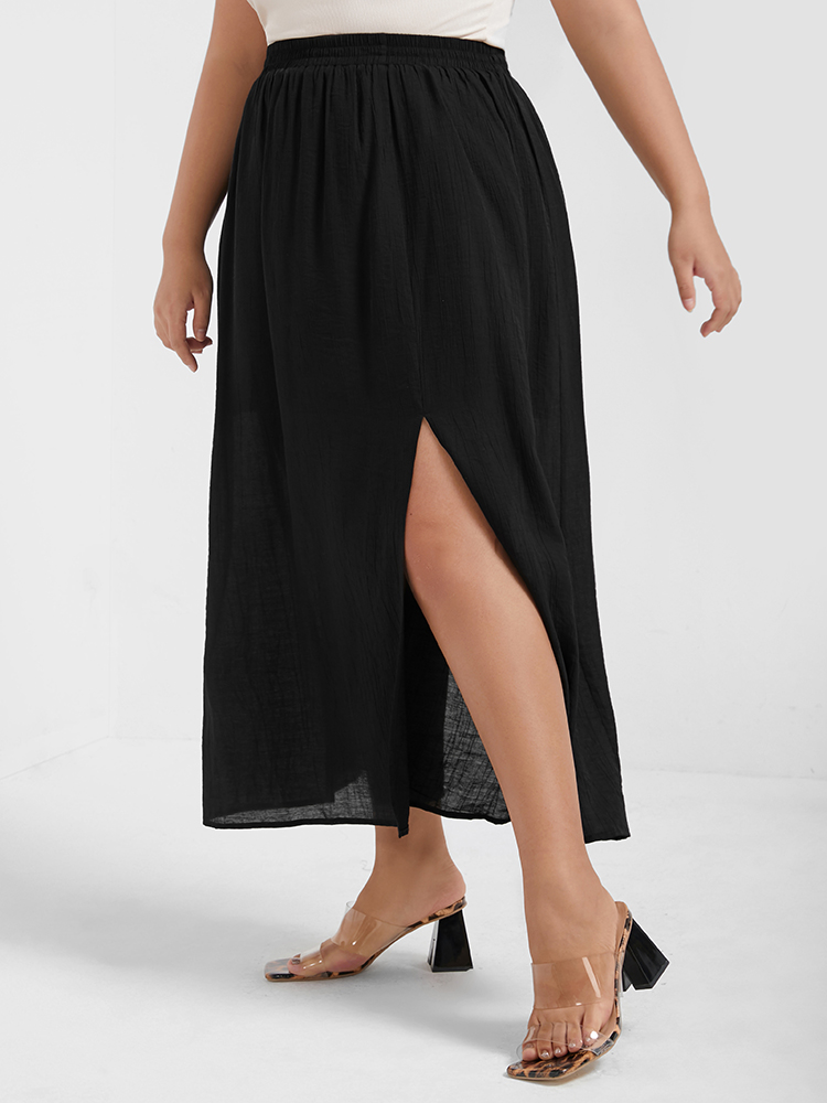 

Plus Size Plain Pleated Elastic Waist Split Skirt Women Black Casual Pleated Loose No stretch Dailywear Skirts BloomChic