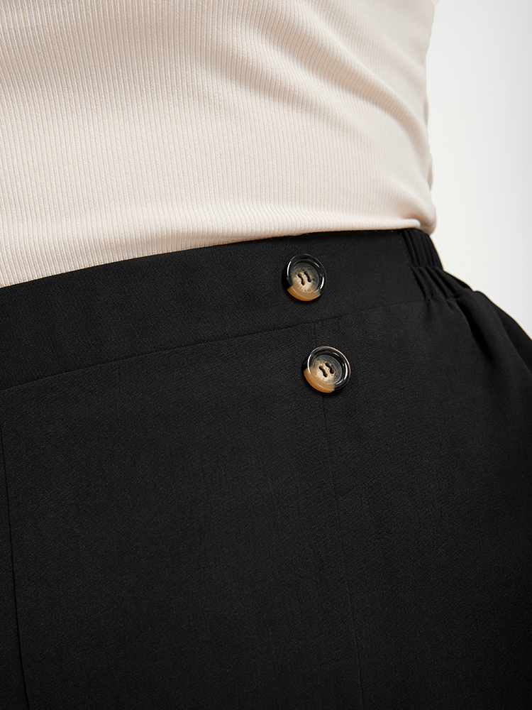 

Plus Size Solid Button Front Pocket Split Hem Pants Women Black Elegant Loose High Rise Dailywear Pants BloomChic