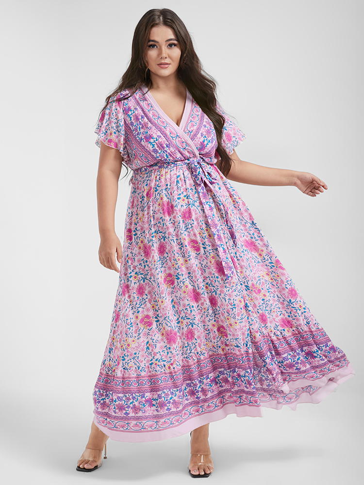 

Boho Elegant Flutter Plus Size Women Midi Dress Vacation Bohemian Print Ties Bodycon Ruffle Sleeve Short Sleeve V Neck Belt Dailywear Long Dress BloomChic, Pink