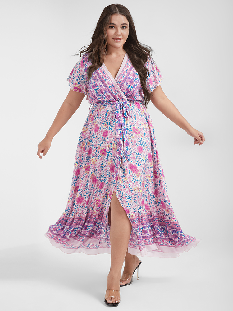 

Boho Elegant Flutter Plus Size Women Midi Dress Vacation Bohemian Print Ties Bodycon Ruffle Sleeve Short Sleeve V Neck Belt Dailywear Long Dress BloomChic, Pink