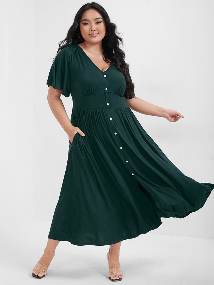 

Plus Size Solid Button Ruffled Split Pocket Modal Maxi Dress DarkGreen Women Elegant Button V-neck Short sleeve Curvy Long Dress BloomChic