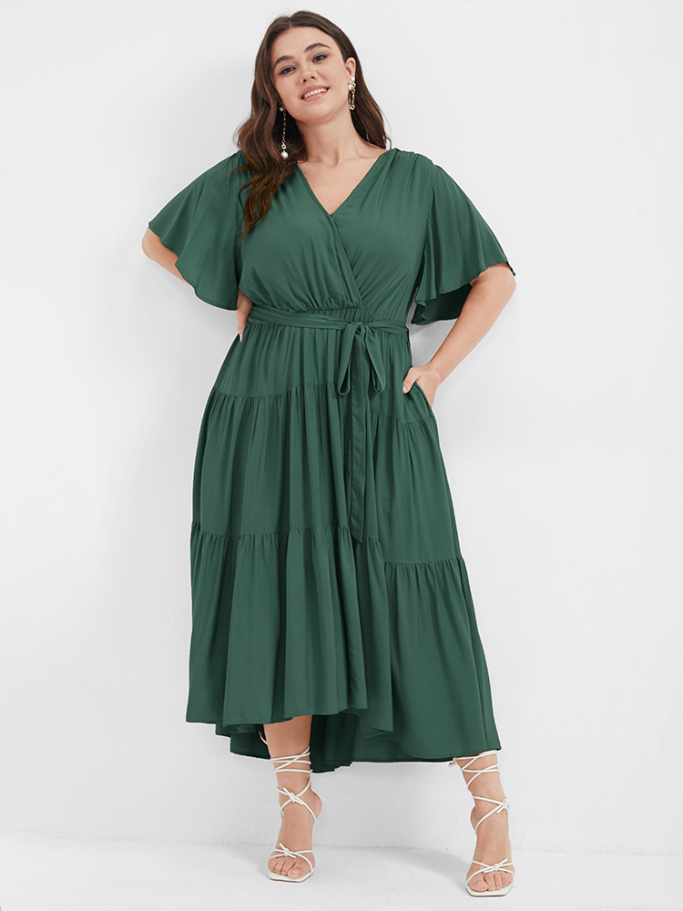 

Plus Size Solid Button Pocket Belted Ruffles Wrap Midi Dress DarkGreen Women Elegant Cross straps V-neck Short sleeve Curvy Long Dress BloomChic