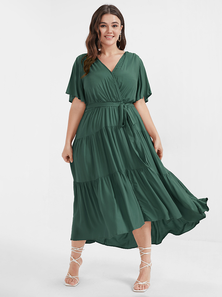 

Plus Size Solid Button Pocket Belted Ruffles Wrap Midi Dress DarkGreen Women Elegant Cross straps V-neck Short sleeve Curvy Long Dress BloomChic