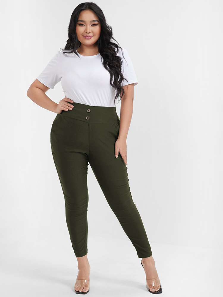 

Plus Size Plain Button Pocket Skinny Pants Women ArmyGreen Casual Skinny High Rise Dailywear Pants BloomChic