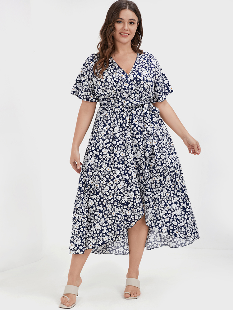 

Plus Size Floral Belted Ruffles Split Pocket Wrap Dress DarkBlue Women Elegant Cross straps V-neck Short sleeve Curvy Midi Dress BloomChic