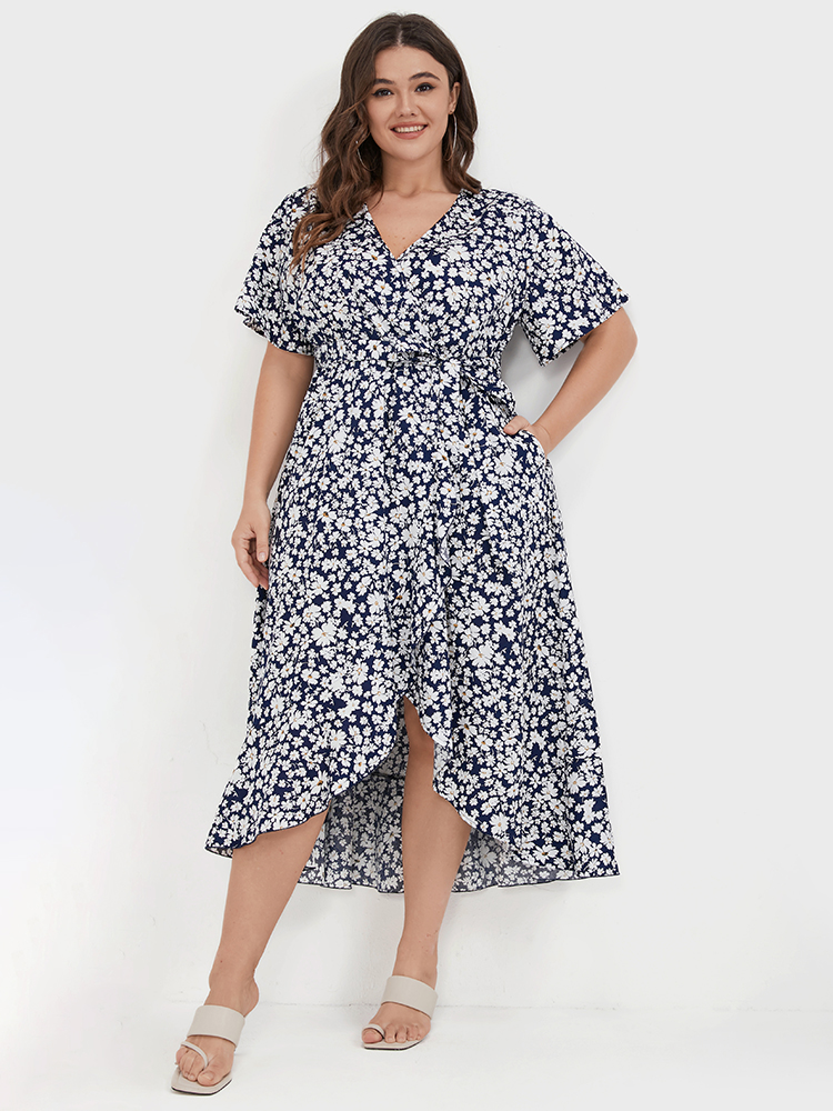 

Plus Size Floral Belted Ruffles Split Pocket Wrap Dress DarkBlue Women Elegant Cross straps V-neck Short sleeve Curvy Midi Dress BloomChic