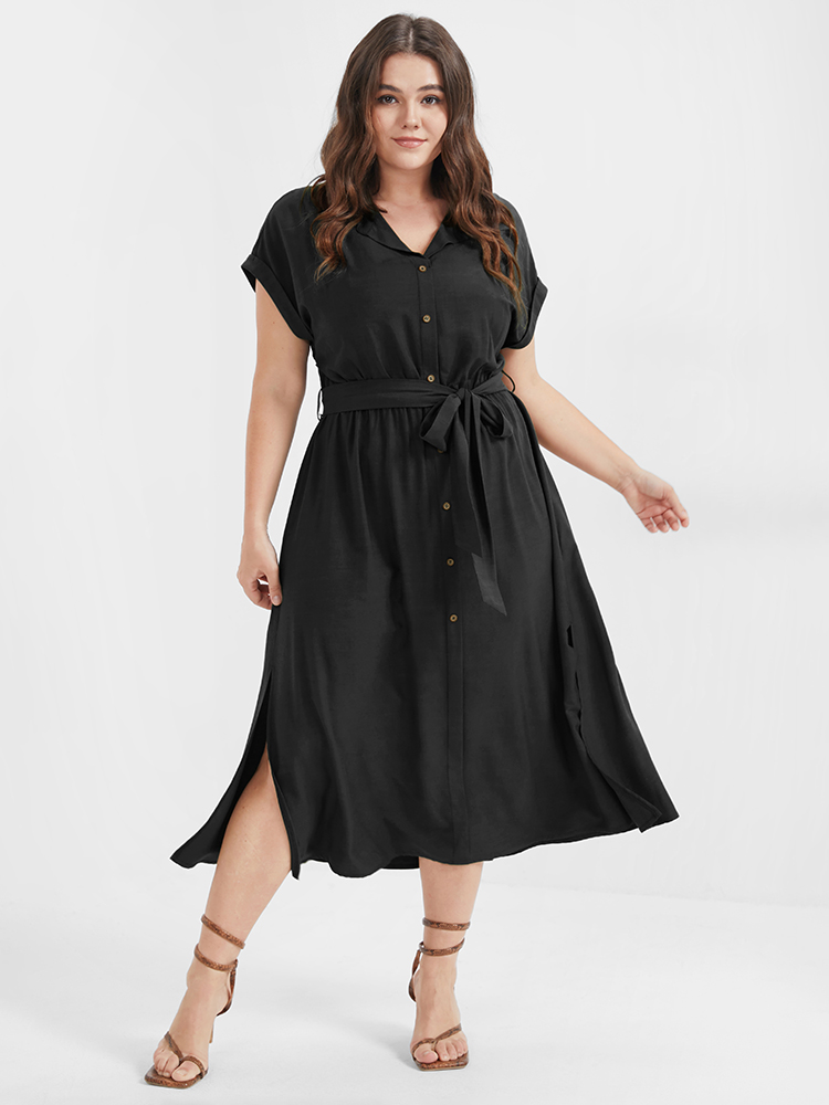 

Plus Size Solid Button Cuffed Sleeve Belted Split Midi Dress Black Women Button Lapel Collar Short sleeve Curvy Midi Dress BloomChic