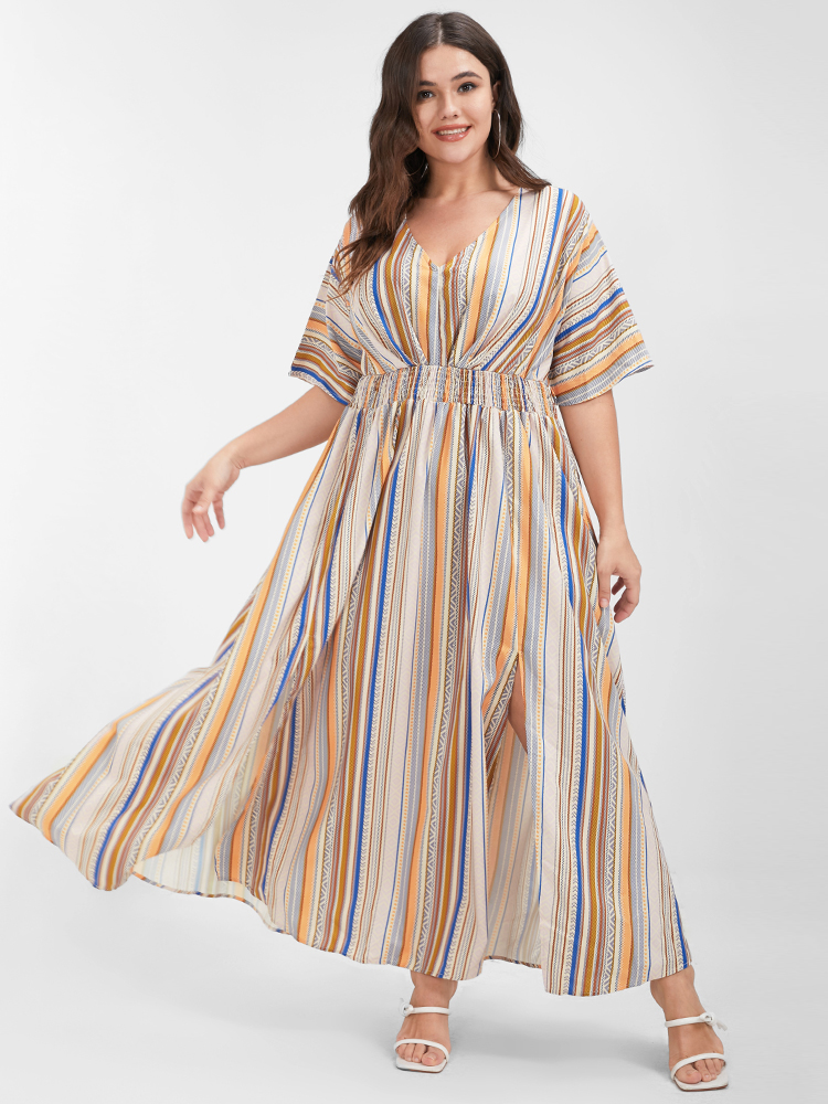 

Multi Striped Bohemian Print Plus Size Women Maxi Dress Dailywear Elastic Waist Dolman Short Sleeve V Neck Pocket Vacation Dresses, Apricot