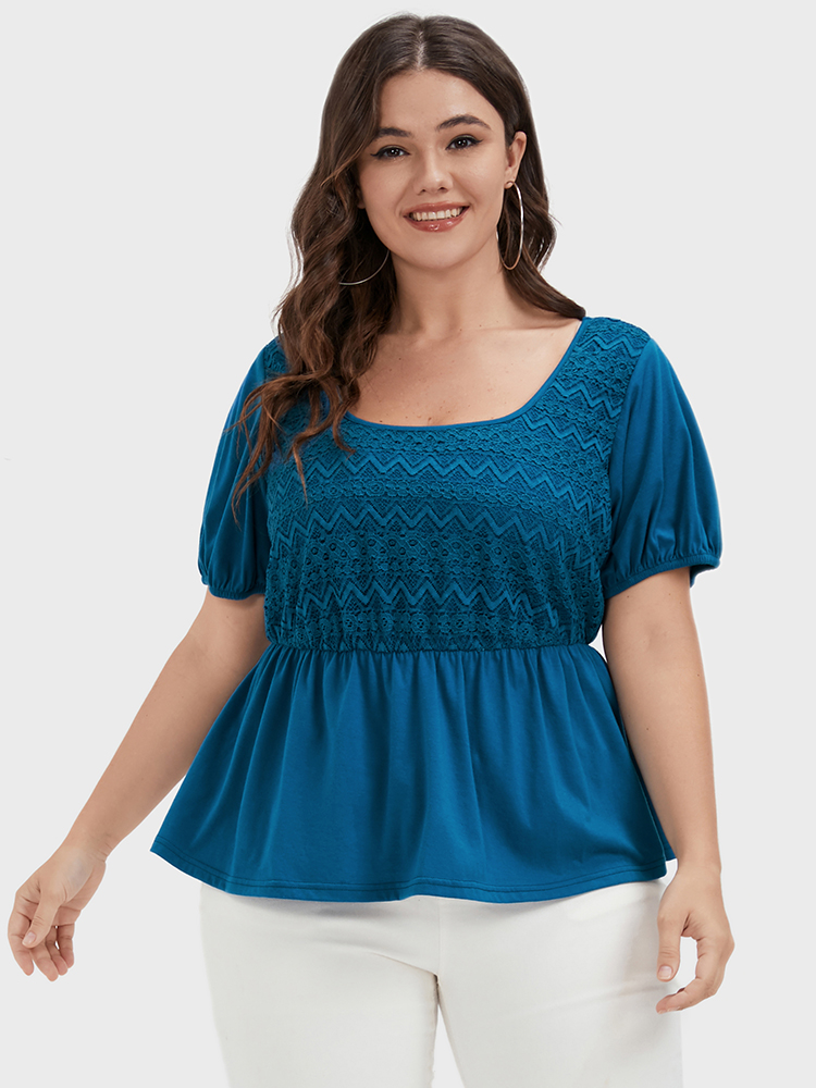 

Plain Ruffles Puff Sleeve Lace Round Neck T-shirt, Blue