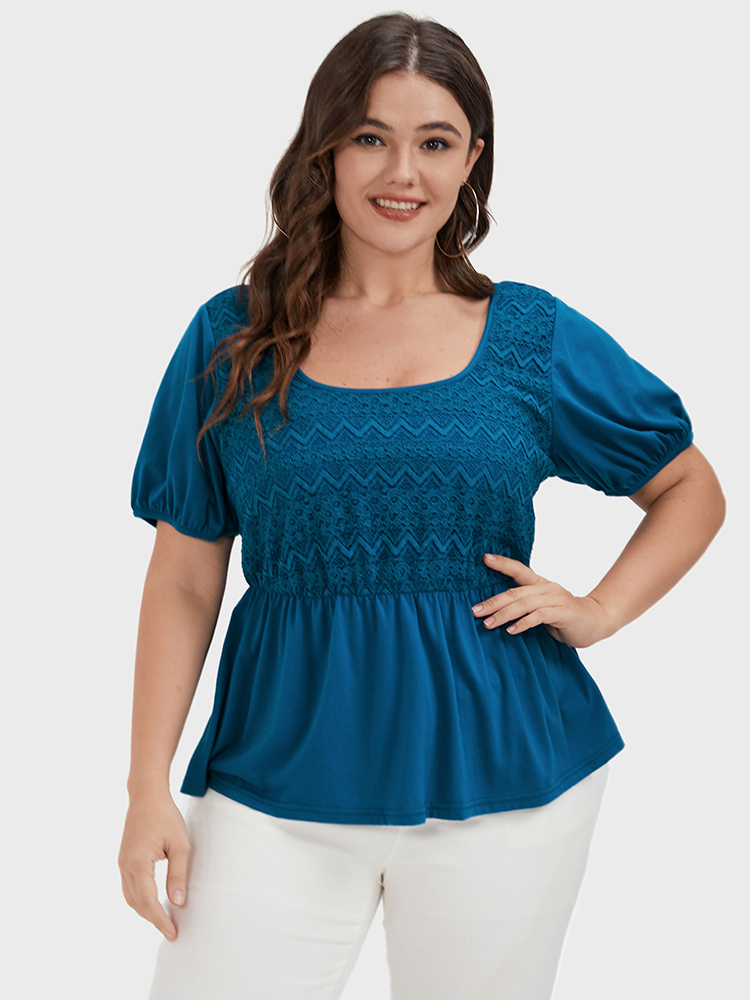 

Plus Size Plain Ruffles Puff Sleeve Lace Round Neck T-shirt Blue Round Neck Short sleeve Elegant Jersey Tops