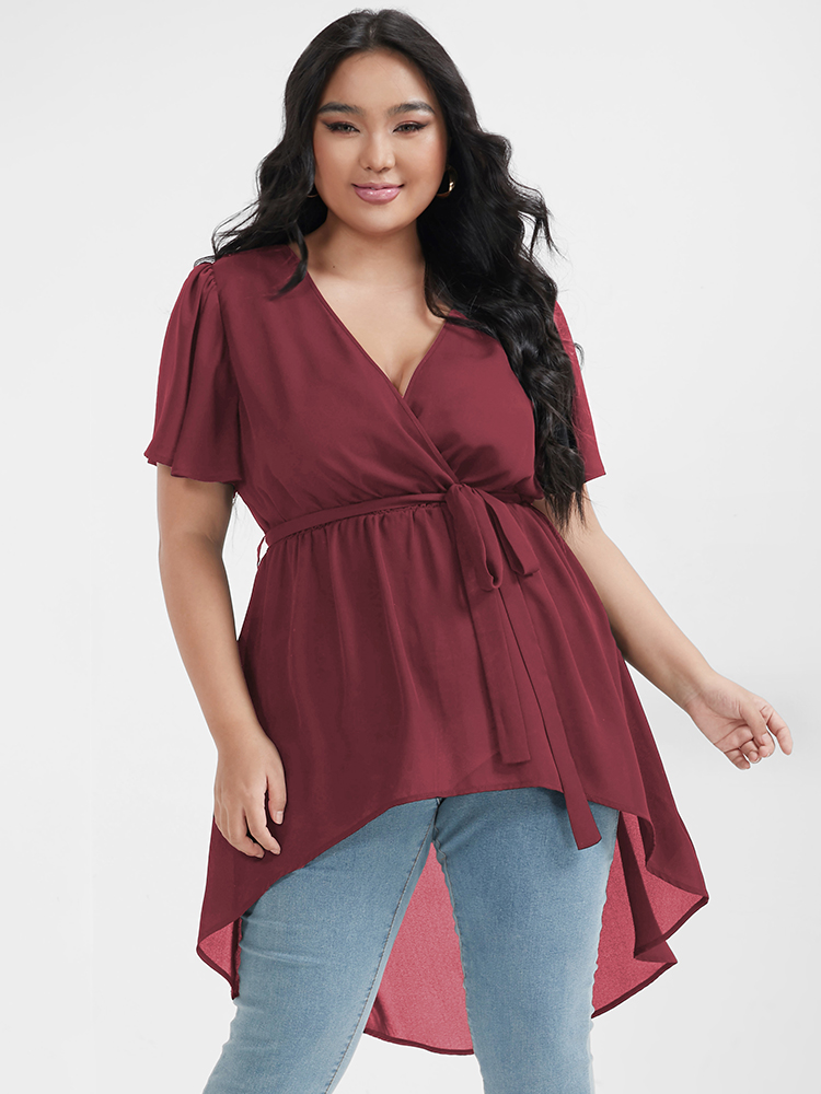 

Plus Size Burgundy Plain Asymmetrical Hem Ruffles Belted Wrap Blouse Women Elegant Short sleeve V-neck Dailywear Blouses BloomChic