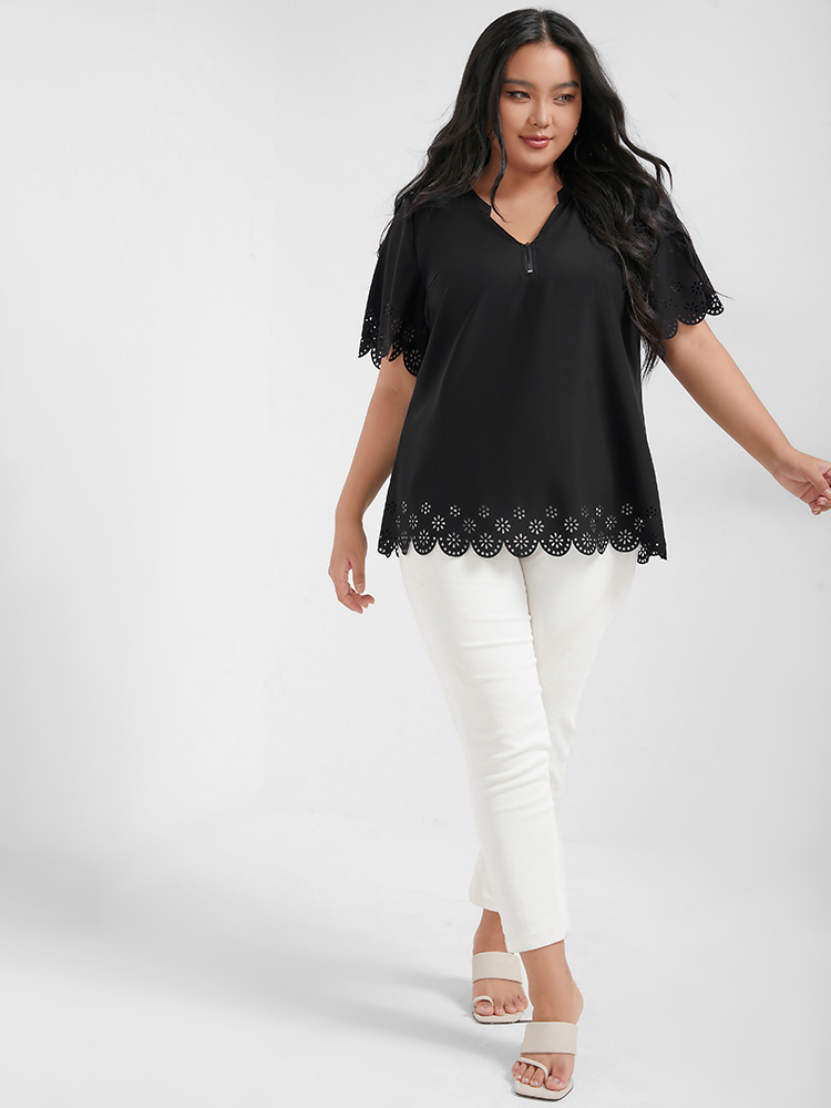 

Plus Size Black Solid Zipper Broderie Anglaise V Neck Blouse Women Office Short sleeve V-neck Work Blouses BloomChic