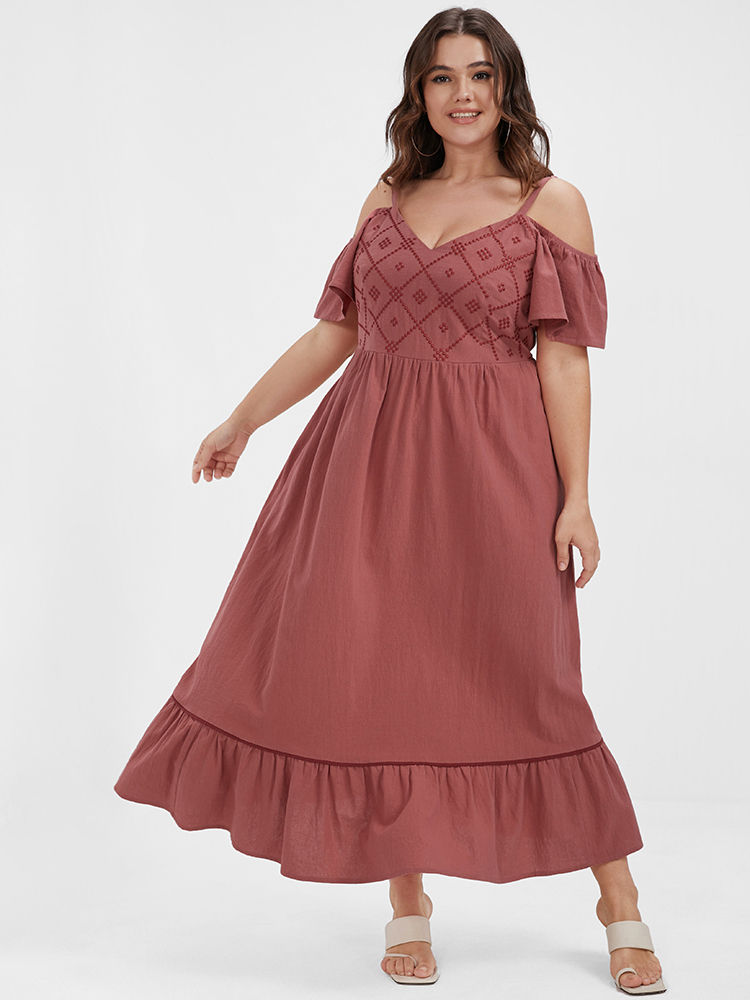 

Plus Size Plain Embroidered Ruffles Pocket Cold Shoulder Maxi Dress DustyPink Women Casual Gathered Cold Shoulder Short sleeve Curvy Long Dress BloomChic