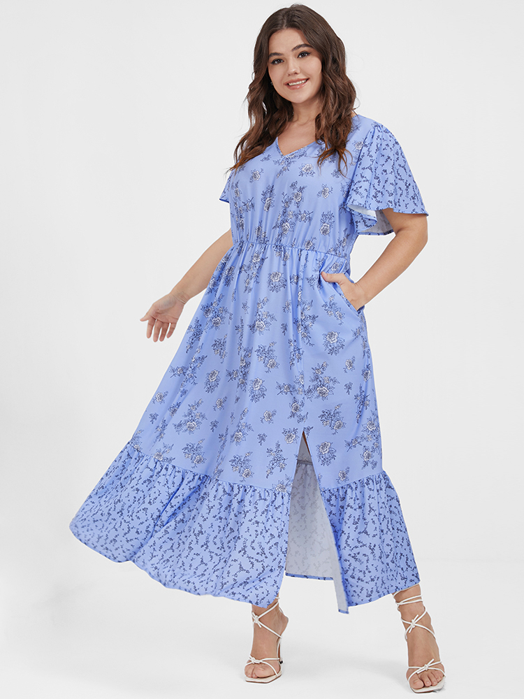 

Plus Size Ditsy Floral Ruffles Split Pocket V Neck Maxi Dress Blue Women Elegant Patchwork V-neck Short sleeve Curvy Long Dress BloomChic