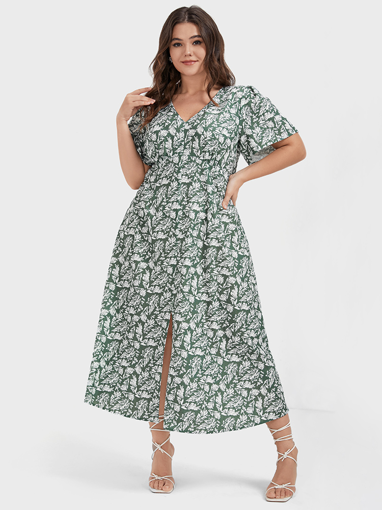 Plus Size Women Dailywear Tropical Ruffle Sleeve Short sleeve Square Neck Casual Dresses BloomChic 