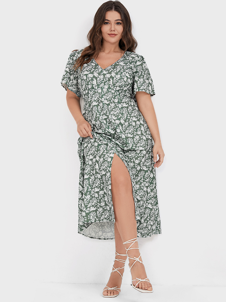 Plus Size Women Dailywear Tropical Ruffle Sleeve Short sleeve Square Neck Casual Dresses BloomChic 