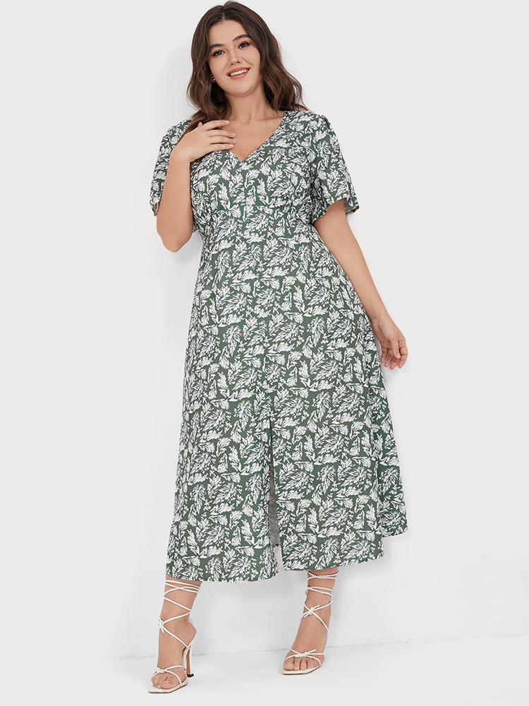 Plus Size Women Dailywear Tropical Ruffle Sleeve Short sleeve Square Neck Casual Dresses BloomChic 