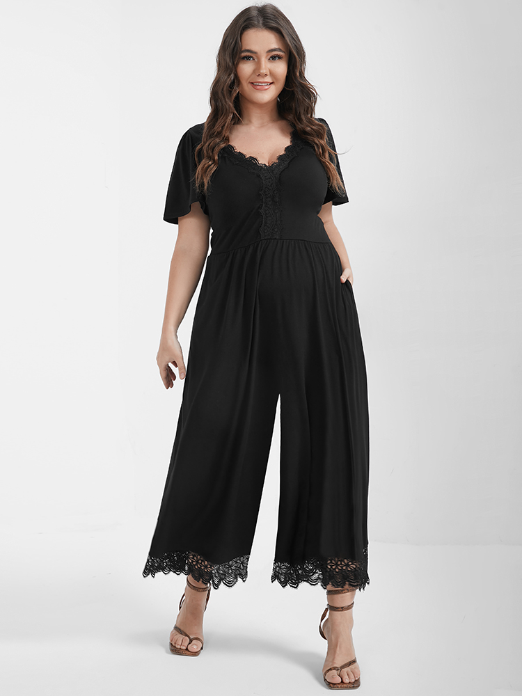 

Plus Size Black Solid Ruffles Contrast Lace Pocket Jumpsuit Women Elegant Short sleeve V-neck Dailywear Loose Jumpsuits BloomChic