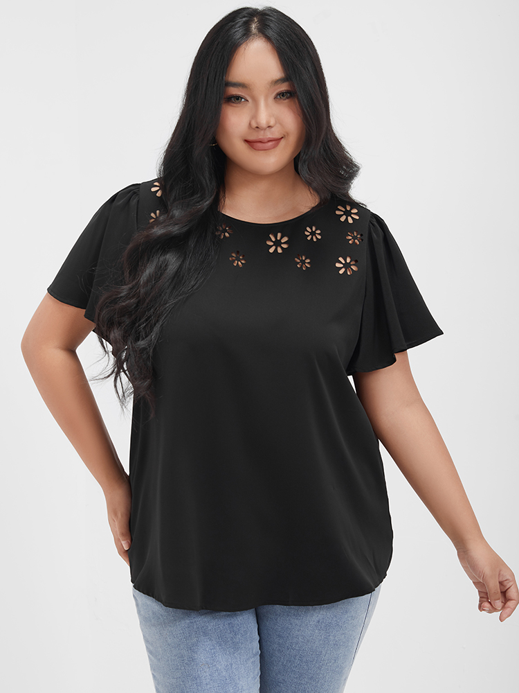 

Plus Size Black Solid Cut Out Ruffles Round Neck Blouse Women Elegant Short sleeve Round Neck Dailywear Blouses BloomChic