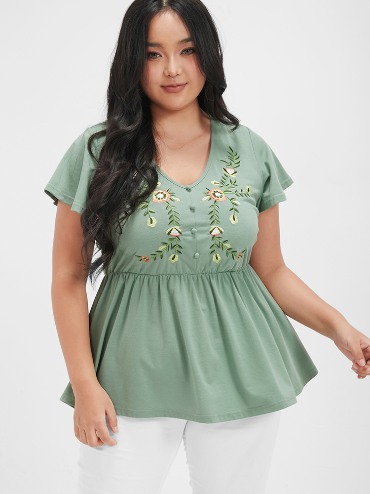 

Plain Babydoll Embroidered Ruffles Button V Neck T-shirt, Lightgreen