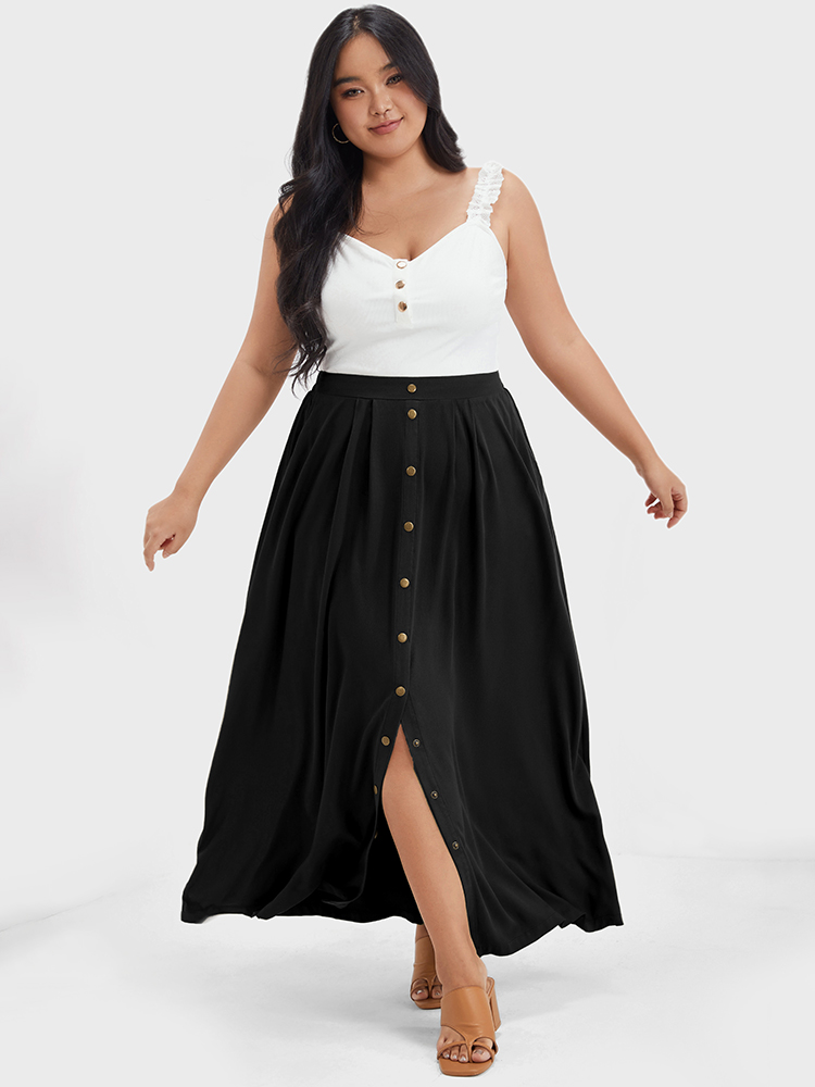 

Plus Size Women Plain Button Elegance Maxi Skirts Dailywear Pocket Skirts BloomChic, Black