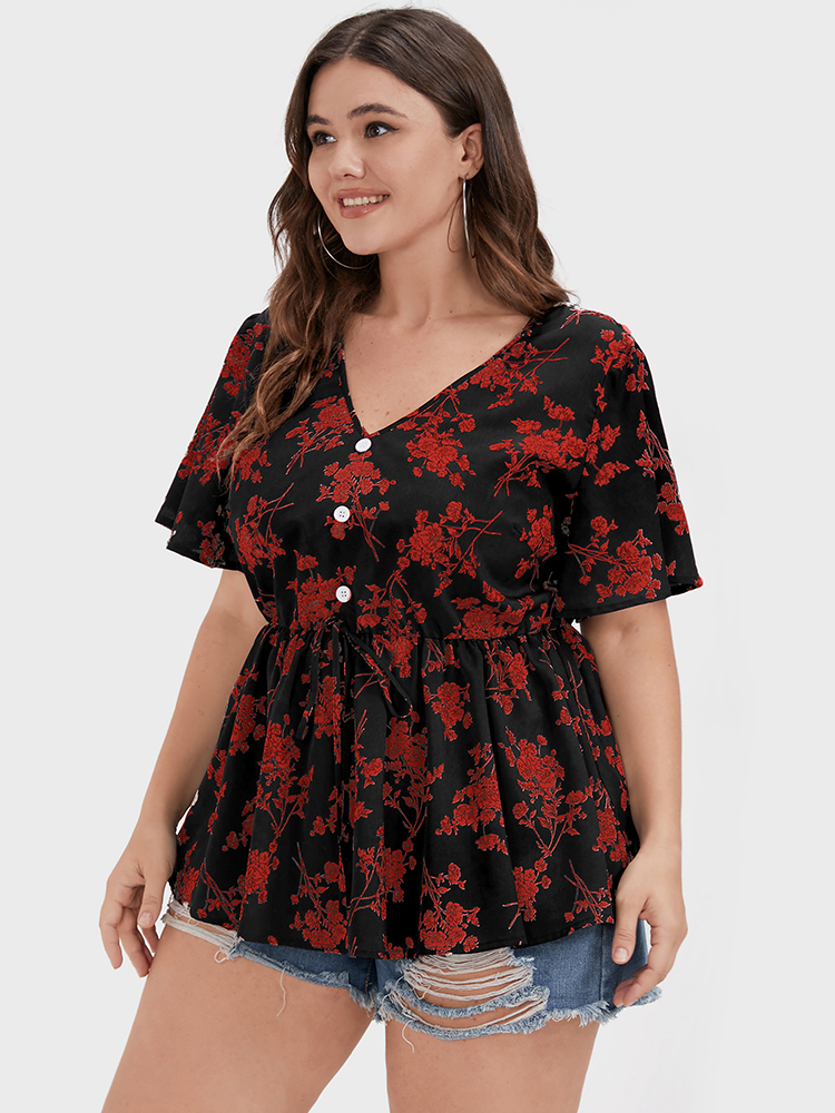 

Plus Size Raspberry Floral Ties Button Ruffles V Neck Blouse Women Elegant Short sleeve V-neck Dailywear Blouses BloomChic