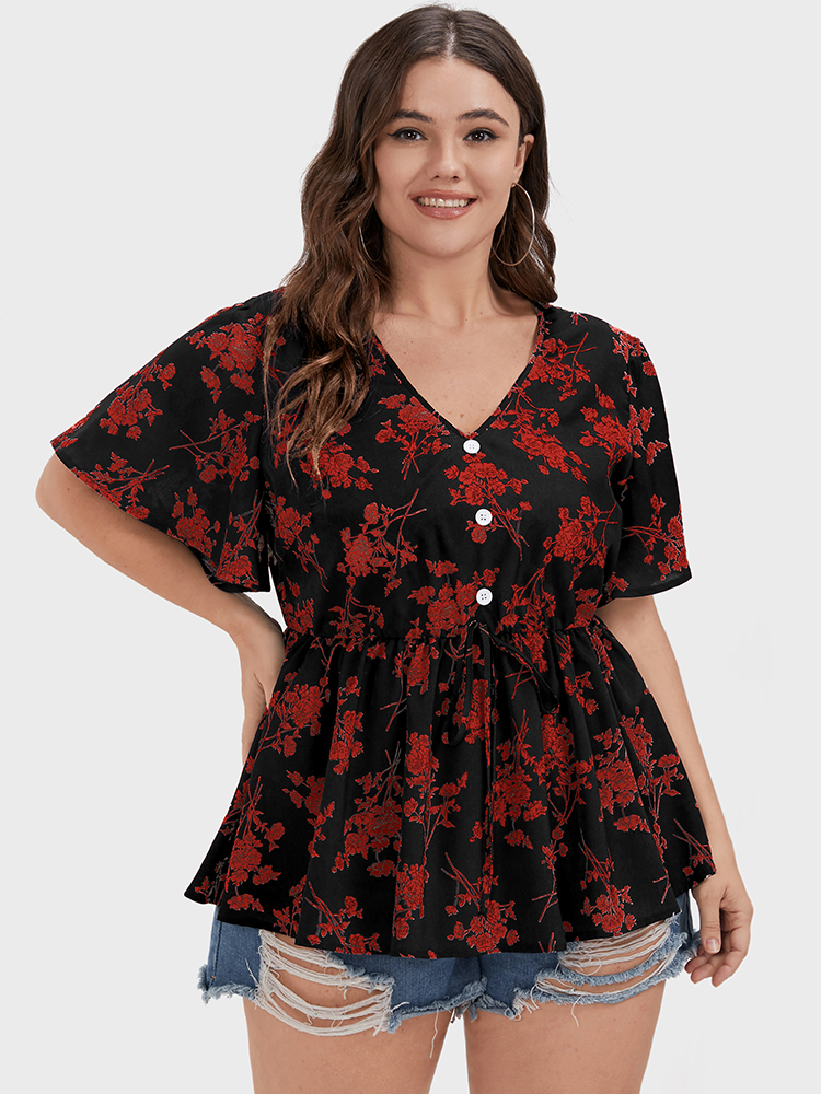 

Plus Size Raspberry Floral Ties Button Ruffles V Neck Blouse Women Elegant Short sleeve V-neck Dailywear Blouses BloomChic