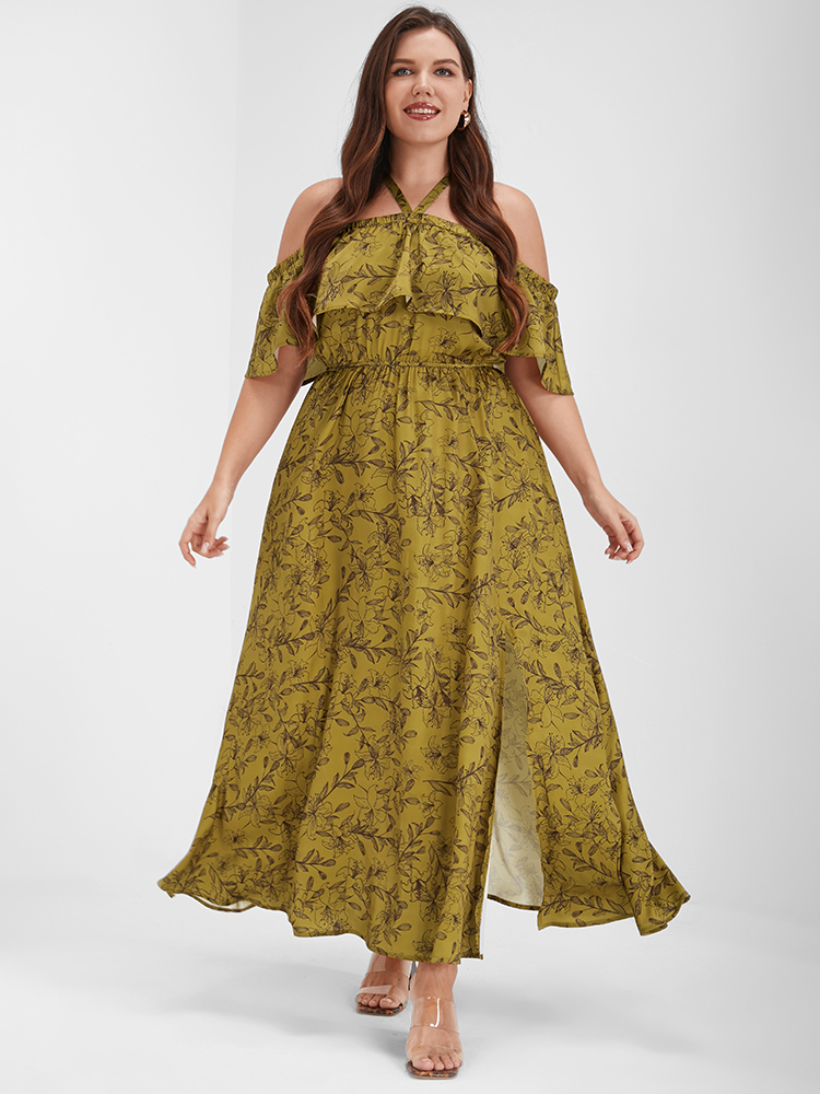 

Plus Size Bloom Dress - Floral Print Halter Off Shoulder Split Maxi Dress Yellow Women Vacation Elastic Waist One-shoulder neck Short sleeve Curvy Long Dress BloomChic