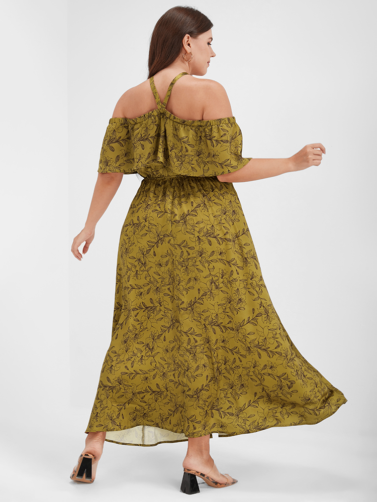 

Plus Size Bloom Dress - Floral Print Halter Off Shoulder Split Maxi Dress Yellow Women Vacation Elastic Waist One-shoulder neck Short sleeve Curvy Long Dress BloomChic