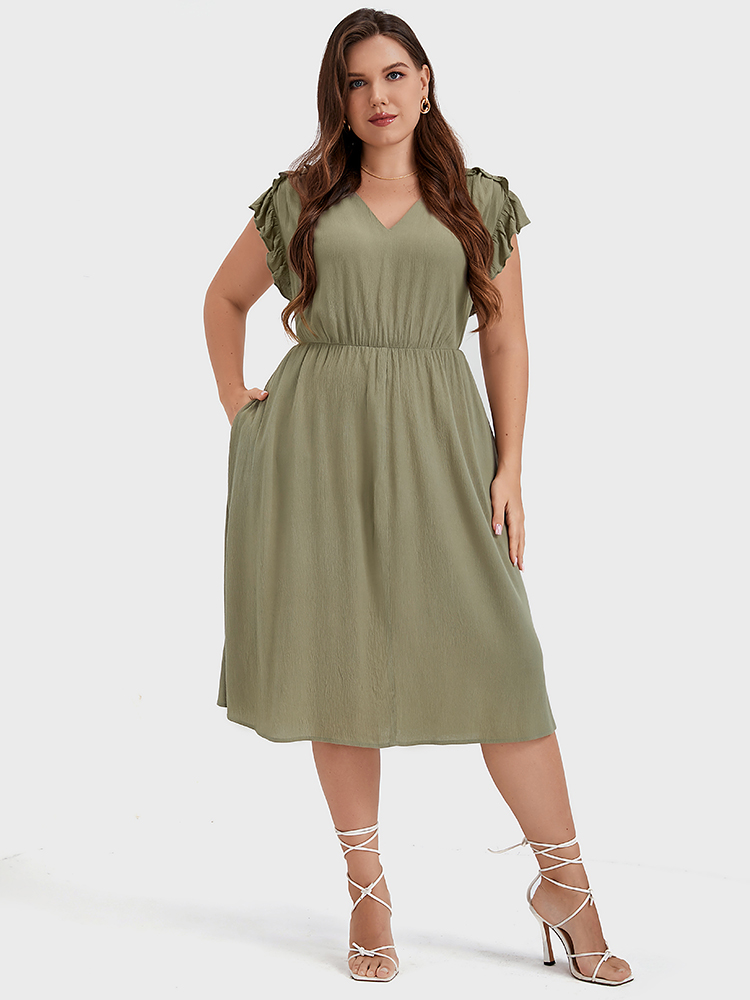 

Plus Size Plain V Neck Ruffles Trim Pocket Knee Dress ArmyGreen Women Elegant Plain V-neck Cap Sleeve Curvy Midi Dress BloomChic