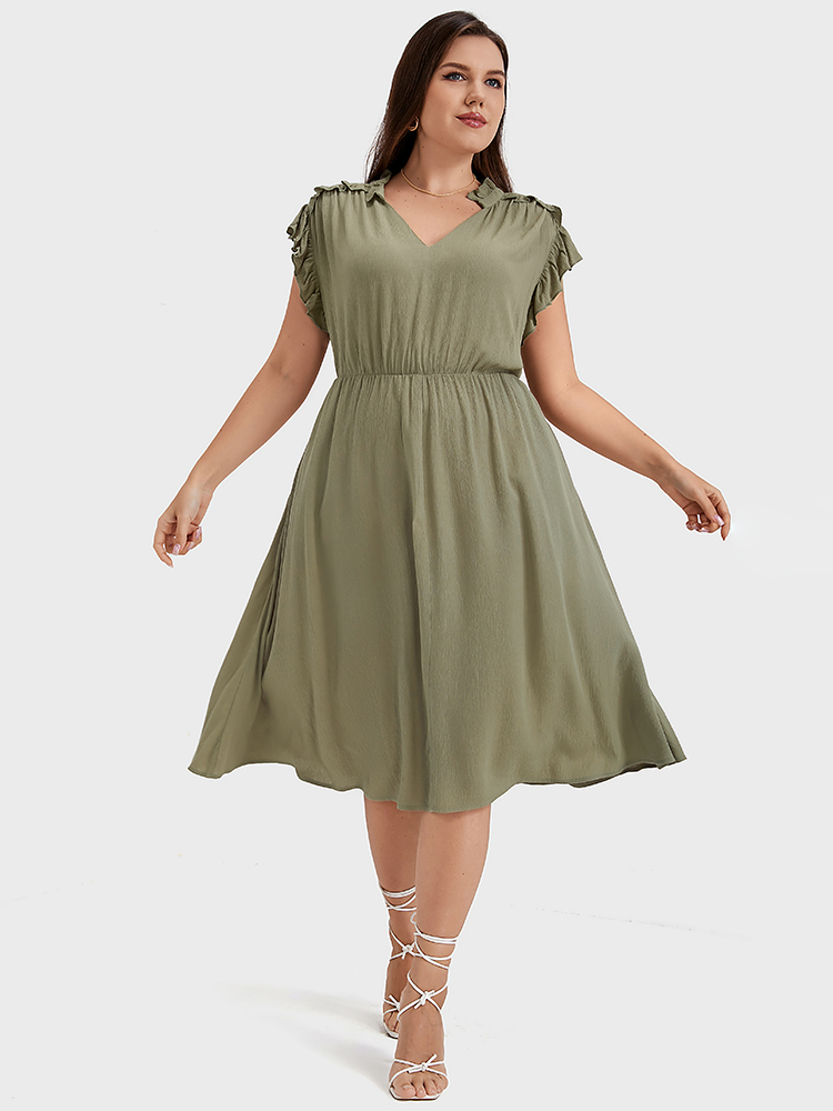 Plus Size Women Dailywear Plain Plain Ruffle Sleeve Cap Sleeve V-neck Pocket Elegant Dresses BloomChic 