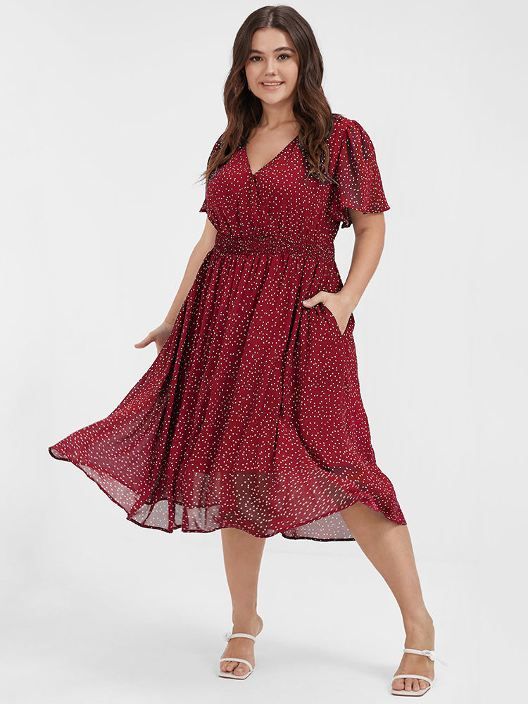 

Polka Dot Printed Plus Size Women Midi Dress Dailywear Ruffle Sleeve Short Sleeve V Neck Pocket Elegance Dresses BloomChic, Raspberry