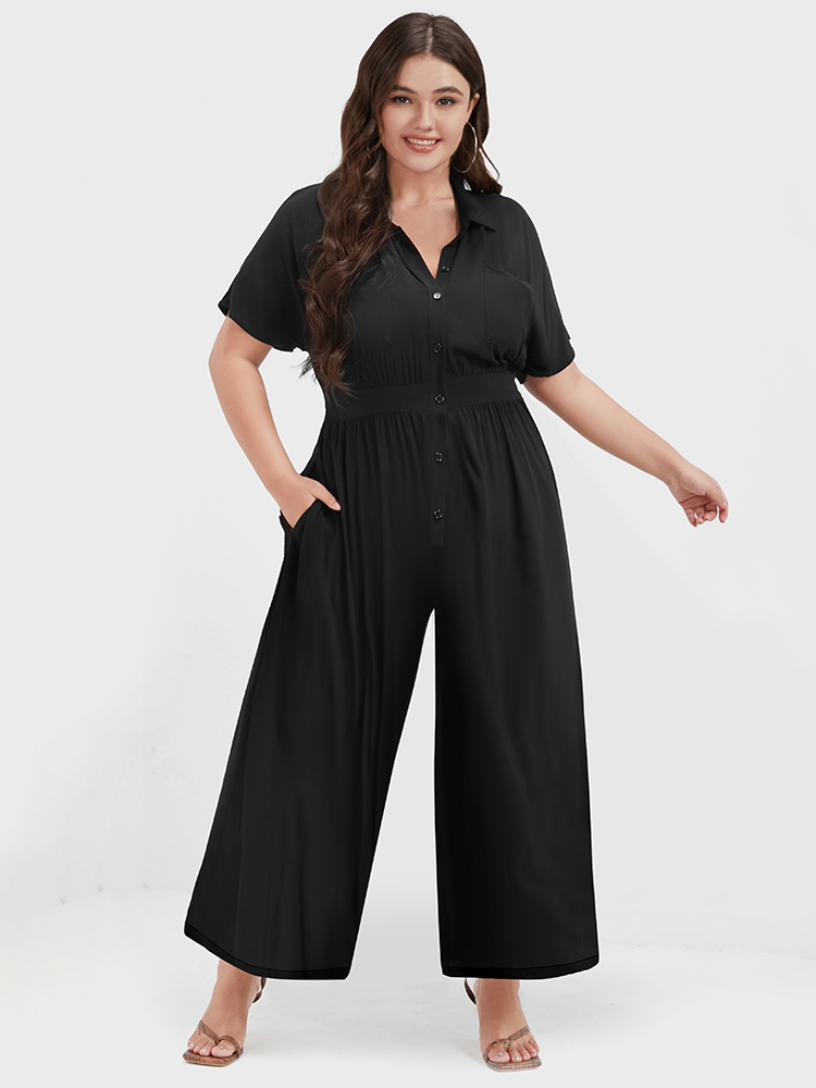 

Plus Size Black Solid Pocket Button Up Shirt Collar Jumpsuit Women Office Short sleeve Shirt collar Work Loose Jumpsuits BloomChic