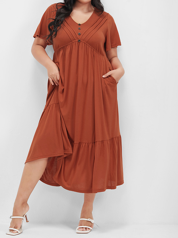 

Plus Size Solid V Neck Button Pocket Pleated Ruffle Maxi Dress Brown Women Dating Button V-neck Short sleeve Curvy Midi Dress BloomChic