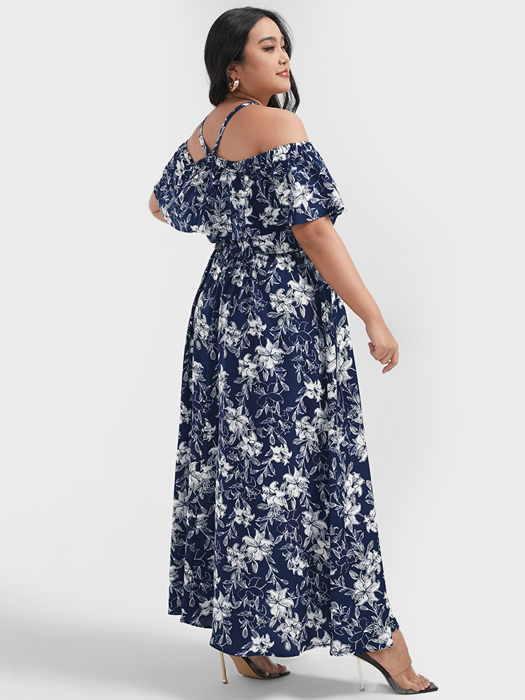 

Plus Size Bloom Dress - Floral Print Halter Off Shoulder Split Maxi Dress DarkBlue Women Vacation Elastic Waist One-shoulder neck Short sleeve Curvy Long Dress BloomChic